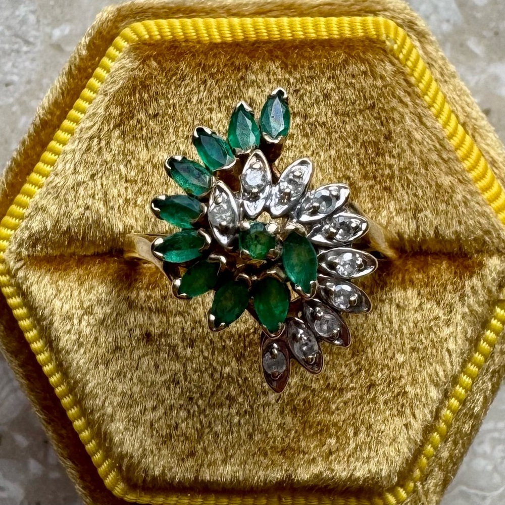 Mid Century Emerald Diamond Cluster Vintage Yellow Gold Ring